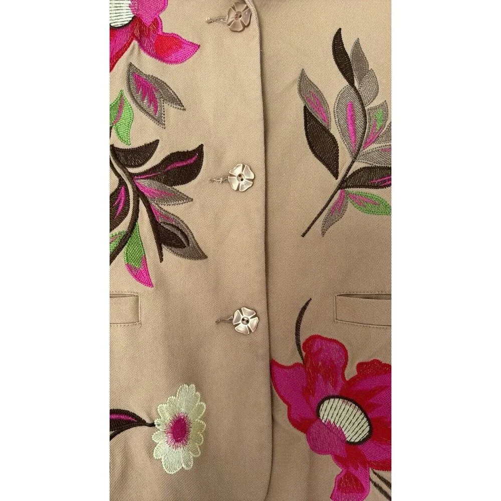 Susan Graves Long Sleeve Tan Floral Embroidered Lined Blazer Jacket Medium - Picture 5 of 7